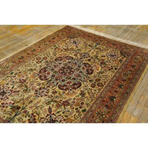 1940s Antique Beige Field Tortises Floral Tabriz Handknotted Silk Carpet Rug - detail view 2