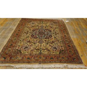 1940s Antique Beige Field Tortises Floral Tabriz Handknotted Silk Carpet Rug - detail view 3