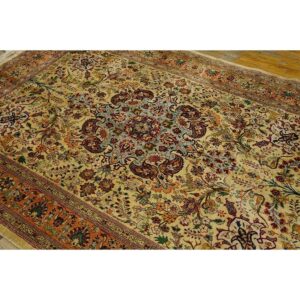 1940s Antique Beige Field Tortises Floral Tabriz Handknotted Silk Carpet Rug - detail view 4