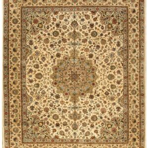 1940s Antique Beige Shah Abbas Floral Traditional Tabriz Knotted Wool Carpet Rug