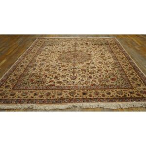 1940s Antique Beige Shah Abbas Floral Traditional Tabriz Knotted Wool Carpet Rug - detail view 1