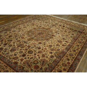 1940s Antique Beige Shah Abbas Floral Traditional Tabriz Knotted Wool Carpet Rug - detail view 3