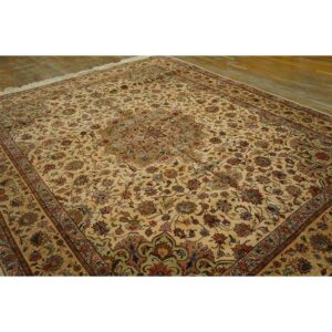 1940s Antique Beige Shah Abbas Floral Traditional Tabriz Knotted Wool Carpet Rug - detail view 4