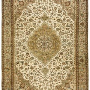 1940s Antique Classic Beige Ground Floral Medallion Tabriz Handknotted Wool Rug
