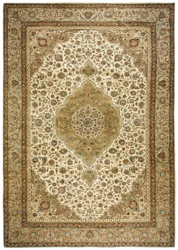 1940s antique classic beige ground floral medallion tabriz handknotted wool rug