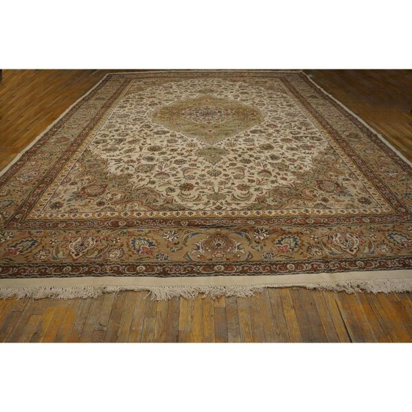 1940s antique classic beige ground floral medallion tabriz handknotted wool rug - detail view 1