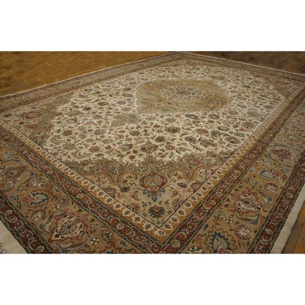 1940s antique classic beige ground floral medallion tabriz handknotted wool rug - detail view 2