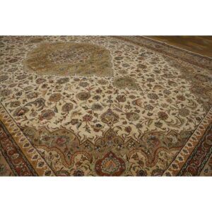 1940s Antique Classic Beige Ground Floral Medallion Tabriz Handknotted Wool Rug - detail view 3