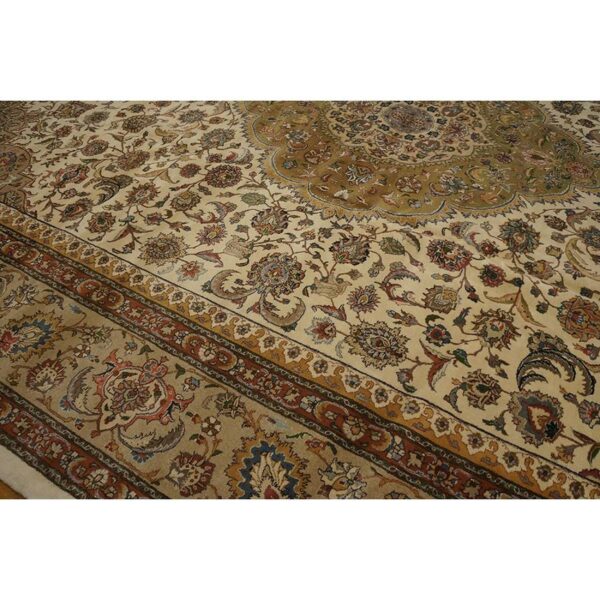 1940s antique classic beige ground floral medallion tabriz handknotted wool rug - detail view 4