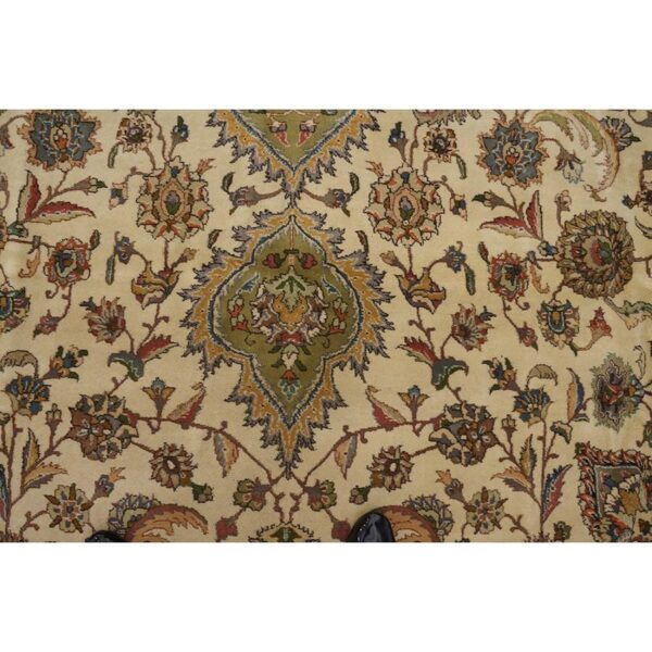 1940s antique classic beige ground floral medallion tabriz handknotted wool rug - detail view 5
