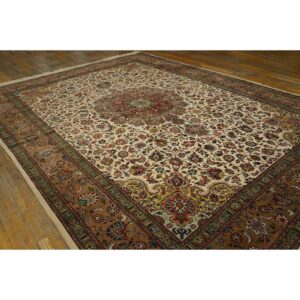 1940s Antique Ivory Field Shah Abbas Traditional Floral Tabriz Knotted Wool Rug - detail view 2