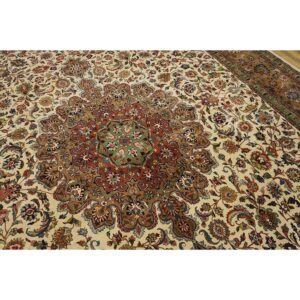 1940s Antique Ivory Field Shah Abbas Traditional Floral Tabriz Knotted Wool Rug - detail view 3