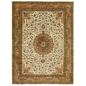1940s Antique Ivory Field Shah Abbas Traditional Floral Tabriz Knotted Wool Rug - detail view 6