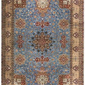 1940s Antique Luxurious Oversized Blue Swastika Formal Tabriz Silk Knotted Rug