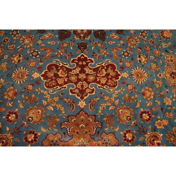 1940s antique luxurious oversized blue swastika formal tabriz silk knotted rug 6 1940s antique luxurious oversized blue swastika formal tabriz silk knotted rug - detail view 5