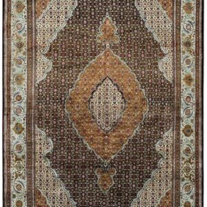 1940s Blue Navy Floral Diamond Medallion Antique Tabriz Knotted Wool Carpet Rug
