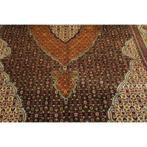 1940s Blue Navy Floral Diamond Medallion Antique Tabriz Knotted Wool Carpet Rug - detail view 2