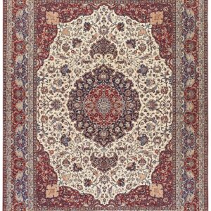 1940s Classic Antique Navy & Red Medallion Formal Esfahan Handknotted Wool Rug