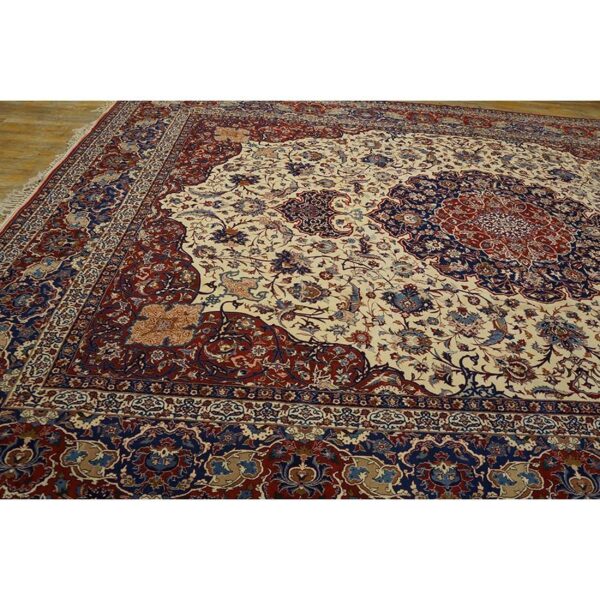 1940s classic antique navy & red medallion formal esfahan handknotted wool rug - detail view 2