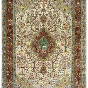 1940s Classic Beige Floral Animals Antique Tabriz Handknotted Wool Carpet Rug