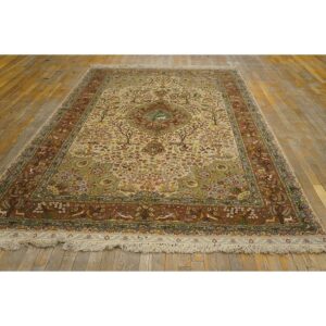 1940s Classic Beige Floral Animals Antique Tabriz Handknotted Wool Carpet Rug - detail view 1