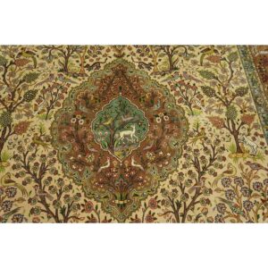 1940s Classic Beige Floral Animals Antique Tabriz Handknotted Wool Carpet Rug - detail view 2