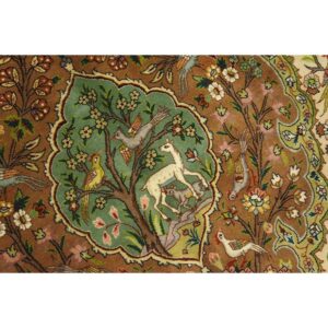 1940s Classic Beige Floral Animals Antique Tabriz Handknotted Wool Carpet Rug - detail view 5