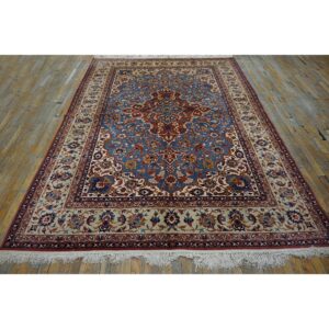 1940s Classic Blue Ground Medallion Vintage Isfahan Silk Foundation Carpet Rug - detail view 1