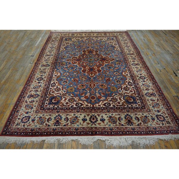 1940s classic blue ground medallion vintage isfahan silk foundation carpet rug 2 1940s classic blue ground medallion vintage isfahan silk foundation carpet rug - detail view 1