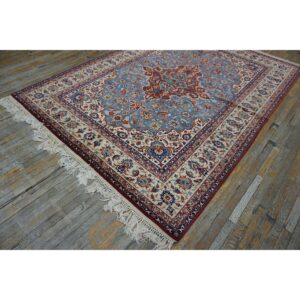 1940s Classic Blue Ground Medallion Vintage Isfahan Silk Foundation Carpet Rug - detail view 5