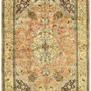 1940s Classic Salmon Animals Medallion Vintage Tabriz Silk Knotted Room Size Rug