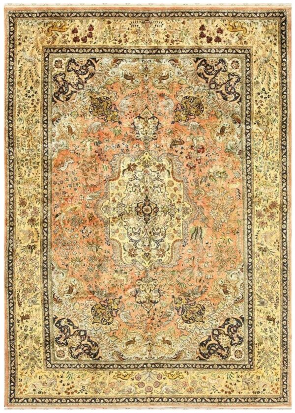 1940s classic salmon animals medallion vintage tabriz silk knotted room size rug 1 1940s classic salmon animals medallion vintage tabriz silk knotted room size rug