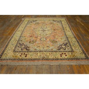 1940s Classic Salmon Animals Medallion Vintage Tabriz Silk Knotted Room Size Rug - detail view 1