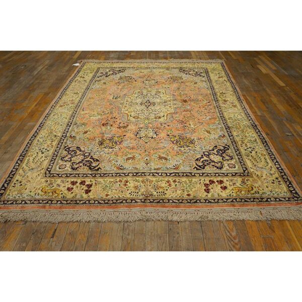 1940s classic salmon animals medallion vintage tabriz silk knotted room size rug 2 1940s classic salmon animals medallion vintage tabriz silk knotted room size rug - detail view 1