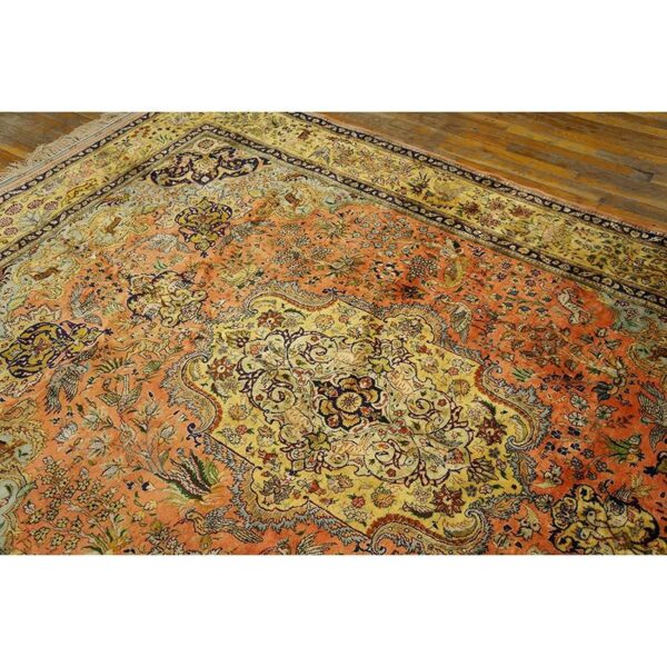 1940s classic salmon animals medallion vintage tabriz silk knotted room size rug 3 1940s classic salmon animals medallion vintage tabriz silk knotted room size rug - detail view 2