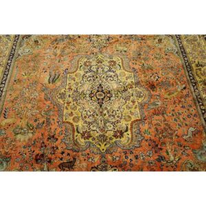 1940s Classic Salmon Animals Medallion Vintage Tabriz Silk Knotted Room Size Rug - detail view 3
