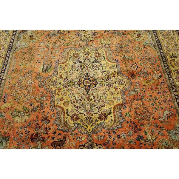 1940s classic salmon animals medallion vintage tabriz silk knotted room size rug 4 1940s classic salmon animals medallion vintage tabriz silk knotted room size rug - detail view 3