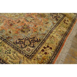 1940s Classic Salmon Animals Medallion Vintage Tabriz Silk Knotted Room Size Rug - detail view 4
