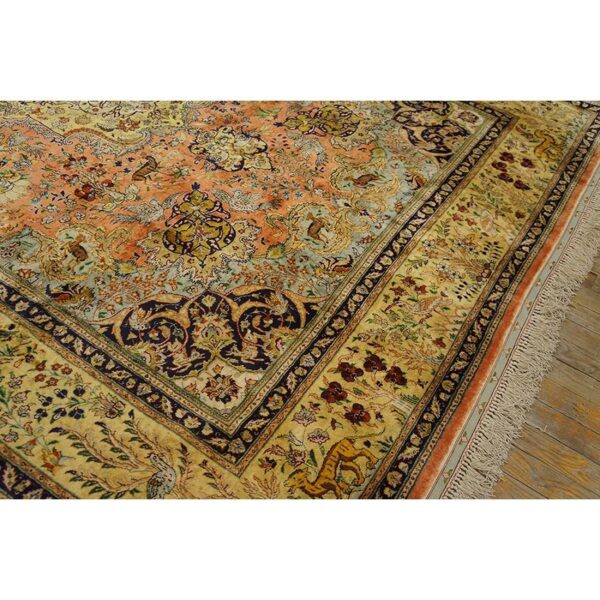 1940s classic salmon animals medallion vintage tabriz silk knotted room size rug 5 1940s classic salmon animals medallion vintage tabriz silk knotted room size rug - detail view 4