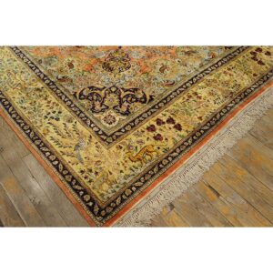 1940s Classic Salmon Animals Medallion Vintage Tabriz Silk Knotted Room Size Rug - detail view 5