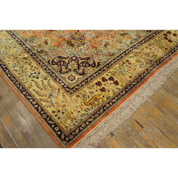 1940s classic salmon animals medallion vintage tabriz silk knotted room size rug 6 1940s classic salmon animals medallion vintage tabriz silk knotted room size rug - detail view 5