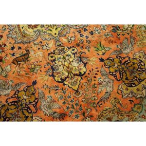 1940s Classic Salmon Animals Medallion Vintage Tabriz Silk Knotted Room Size Rug - detail view 6