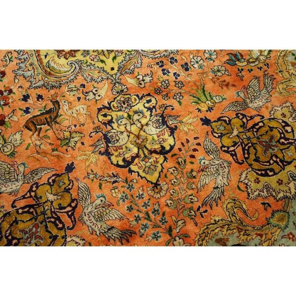 1940s classic salmon animals medallion vintage tabriz silk knotted room size rug 7 1940s classic salmon animals medallion vintage tabriz silk knotted room size rug - detail view 6