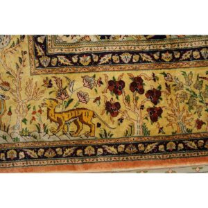 1940s Classic Salmon Animals Medallion Vintage Tabriz Silk Knotted Room Size Rug - detail view 7