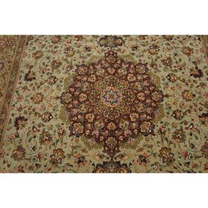 1940s Green Medallion Classical Motifs Antique Tabriz Knotted Wool Rug - detail view 2