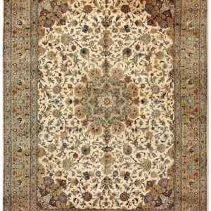 1940s Luminous Beige Shah Abbas Floral Antique Tabriz Handknotted Room Size Rug