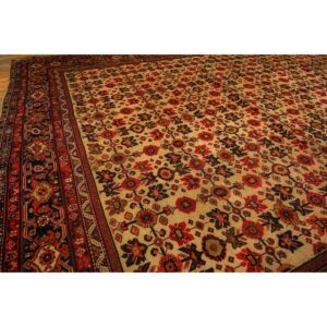 1940s Mid Century Modern Beige Field Floral 4Star Knotted Wool Mahal Carpet Rug - detail view 7