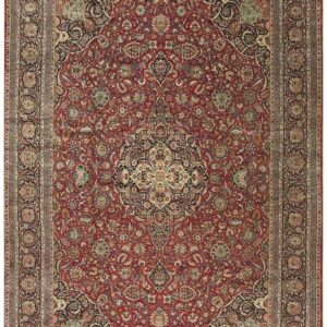 1940s Red Rust Floral Medallion Antique Kashan Mohtasham Knotted Wool Carpet Rug