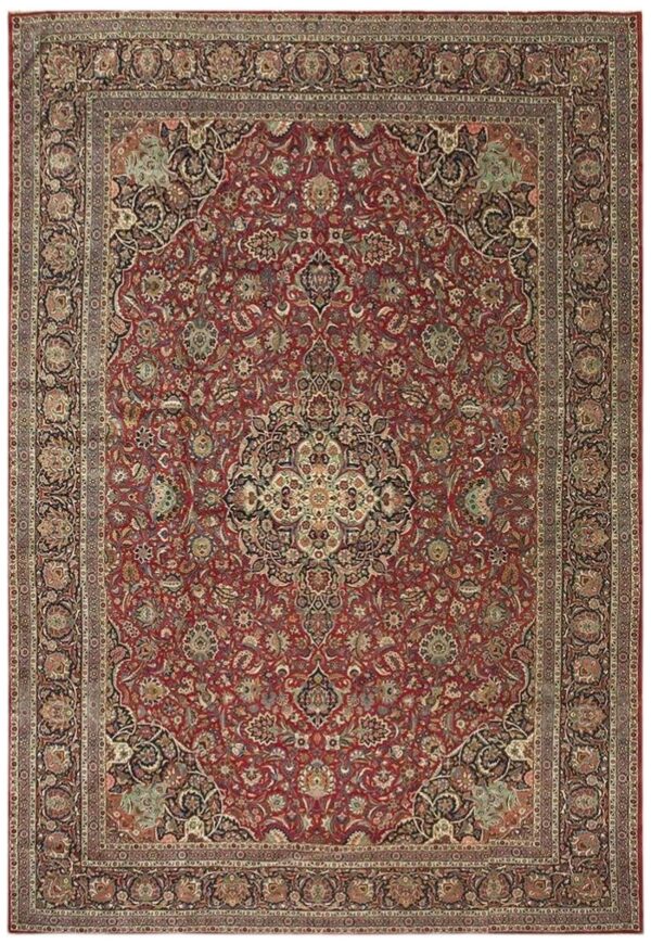 1940s red rust floral medallion antique kashan mohtasham knotted wool carpet rug