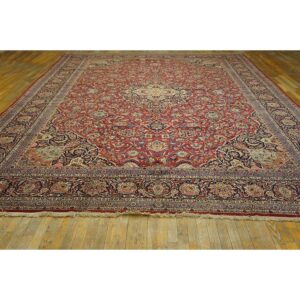 1940s Red Rust Floral Medallion Antique Kashan Mohtasham Knotted Wool Carpet Rug - detail view 1